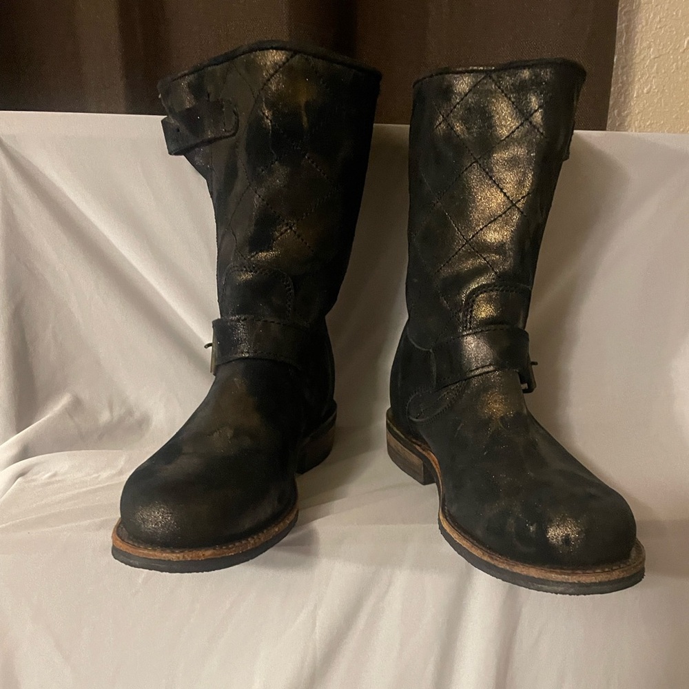 CoFi Black Leather Ankle Metallic Gold Bronze Moto Women’s Boots